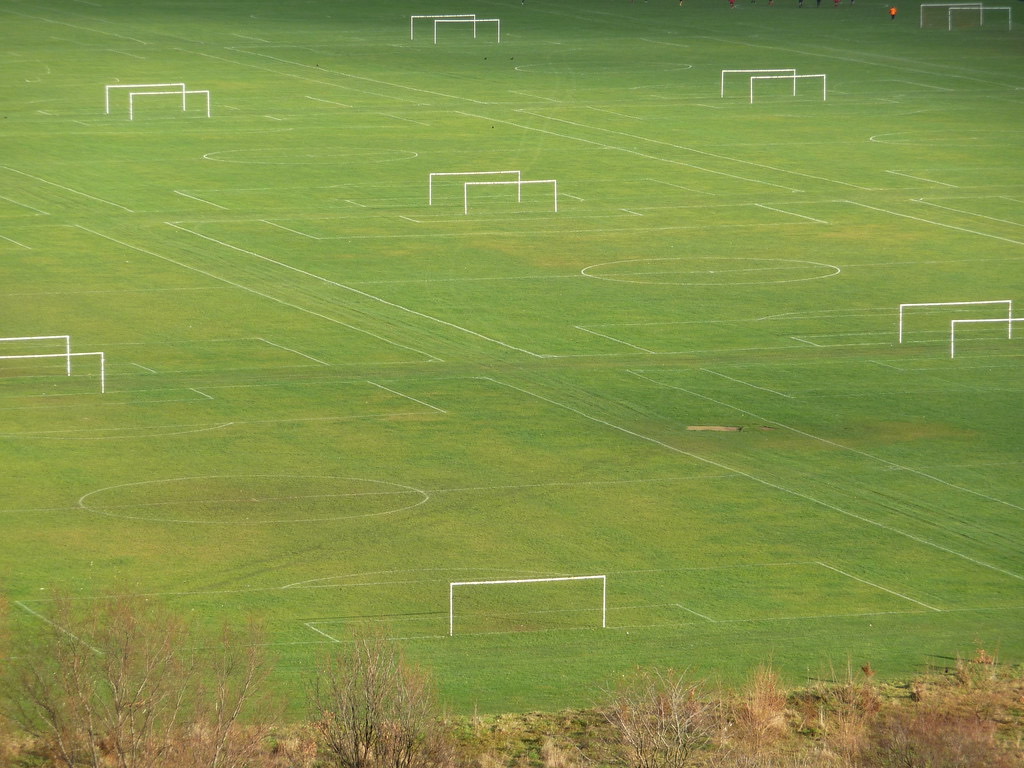 Empty grass pitches with goals waiting for a game